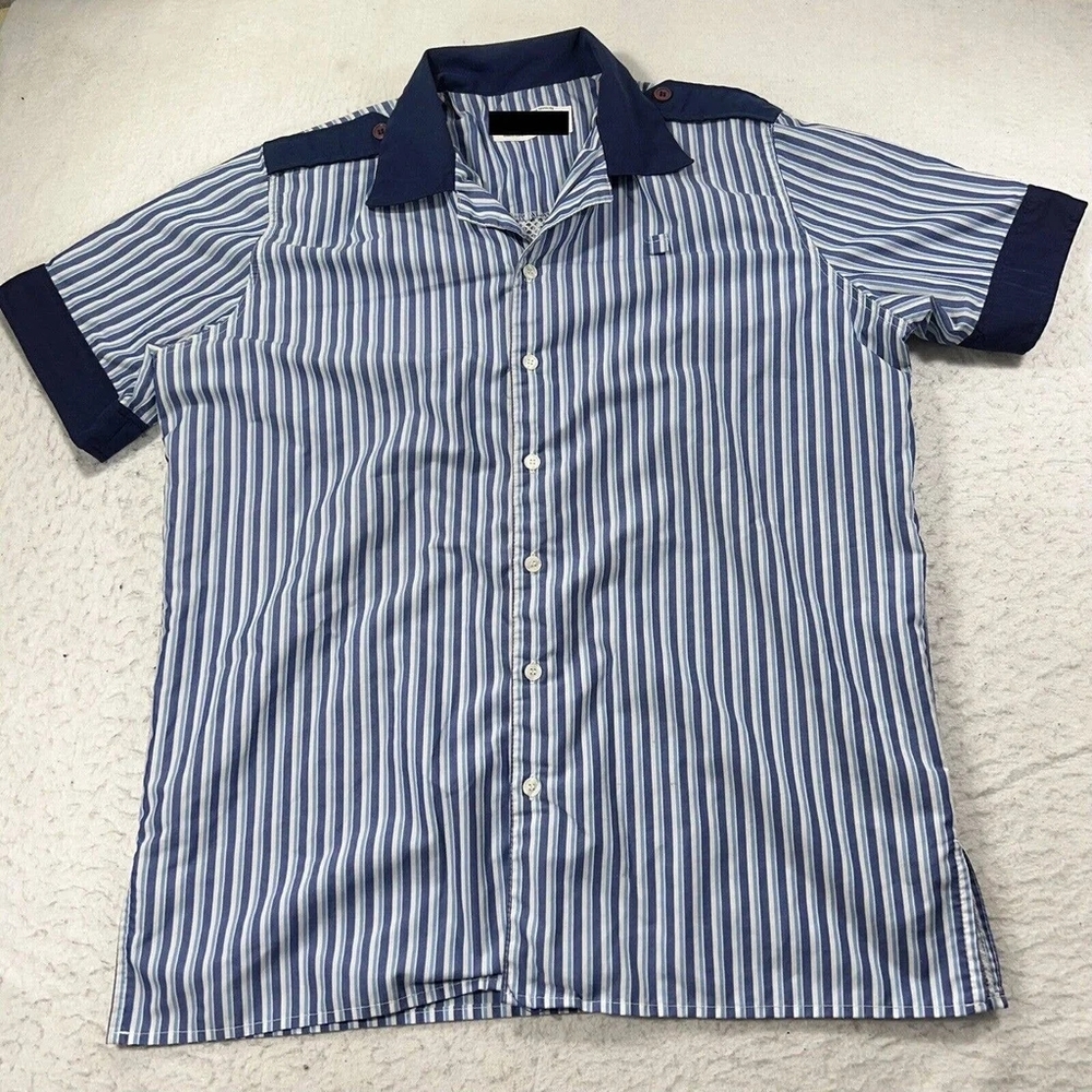 Disney Parks Adult Large Cast Member Blue & White Striped Button Front Shirt